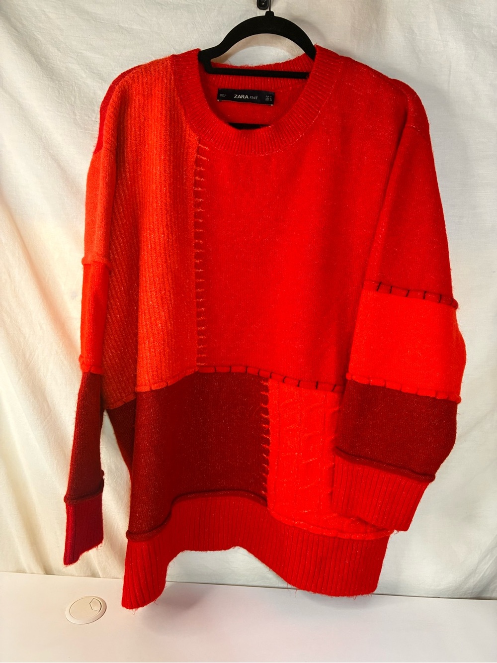 Zara Women's Red Patchwork Crewneck oversized Sweater knit